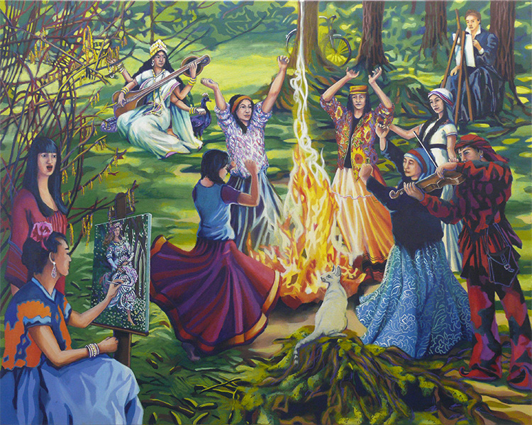 Beate Blankenhorn - Malerei - Eitempera auf Leinwand - Tanz der Zigeunerinnen, Frida und Sofonisba malend, Saraswati und Gaukler musizierend, die Katze wissend
