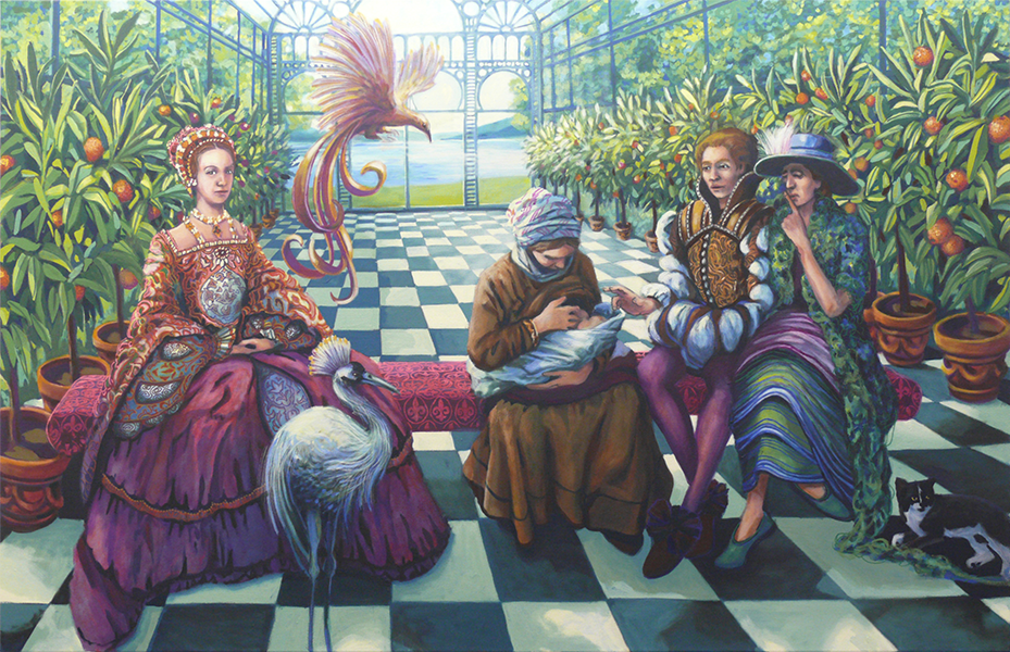 Beate Blankenhorn - Malerei - Eitempera auf Leinwand - In der Orangerie: Königin von England, Bauernmädchen, Orlando und Virginia Woolf